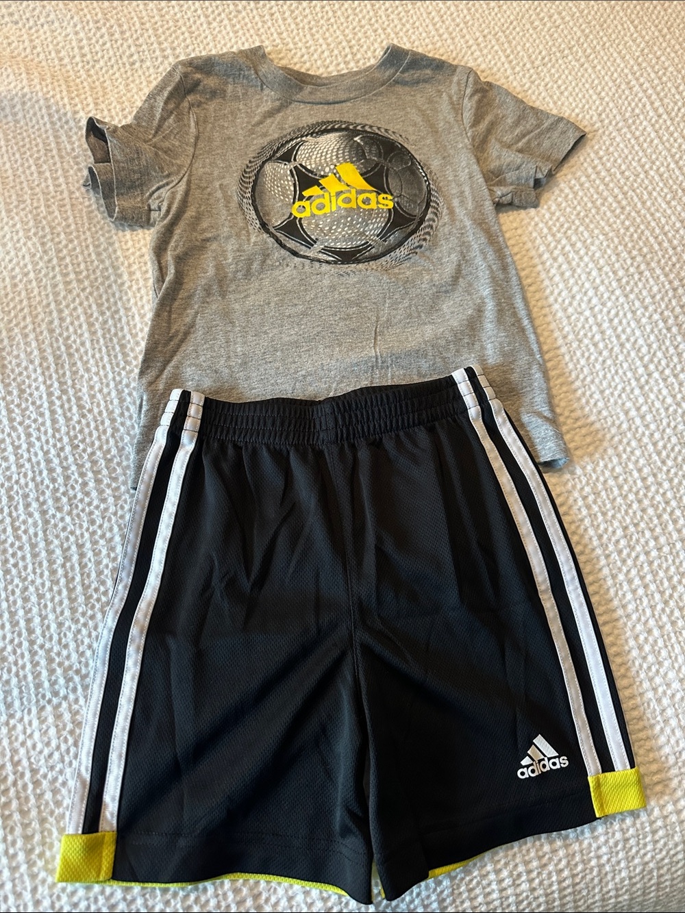 adidas Gray Tee & Black Shorts Set with Yellow Accents